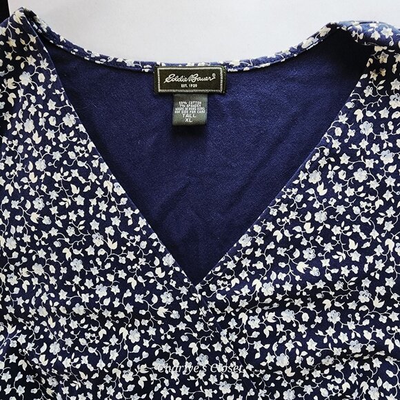 Eddie Bauer Classic Navy Floral Cottagecore Midi Dress Ruffle Trim Sz. XL Tall - Picture 3 of 10